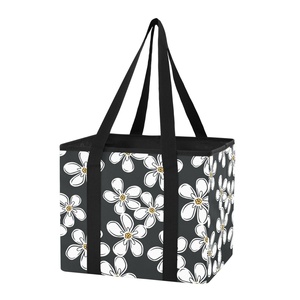 HawaiianHau Flower Pattern Black <b>Collapsible</b> Utility <b>Storage</b> Tote Custom Print Heavy Duty Foldable Reusable Grocery Shopping Bag - Product Image 1