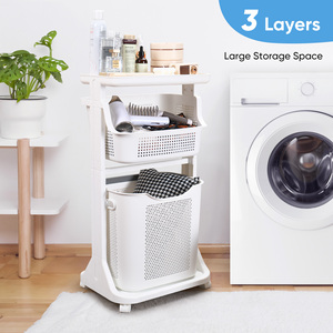 Chariot à linge roulant à 3 niveaux, panier de rangement en plastique avec roulettes, organisateur de linge amovible pour salle de bain et chambre à coucher - Product Image 2