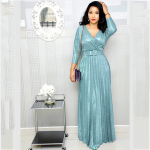 Gaun Malam Wanita Elegan M181209 Terlaris, Lengan Panjang, Aksen Emas, Model A-Line, Mengkilap, Berlipit, Dilengkapi Sabuk - Product Image 5