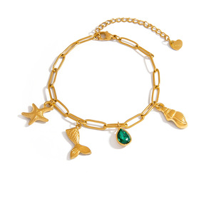 Bracelet en acier inoxydable thème océan, en forme de cœur et d'étoile, avec breloques étoile de mer et queue de poisson en pierre verte, serti clos, bijoux pour femme - Product Image 5