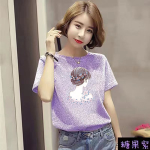 Women's Short Sleeve <b>Glitter</b> T-Shirt Green Printed Korean Style Breathable Summer <b>Top</b> - Product Image 3