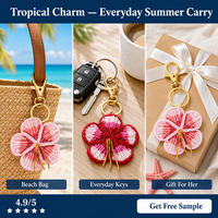 Gantungan Kunci Bunga Hibiscus Manik-Manik Buatan Tangan, Gantungan Kunci Bunga Berhias Manik-Manik, Aksesoris Tas Musim Panas Tropis, OEM Grosir MOQ 50pcs