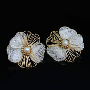 New Arrival Lace Floral <b>Drop</b> <b>Earrings</b> 14K Gold Filled With High Luster Natural Freshwater Pearls, Suitable For Dating & Wedding - Product Image 2