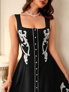 Vestido Maxi Negro Informal 100% Algodón Tejido con Bordado a Máquina, Lavable, Cuello en V Profundo, Manga Corta, Cintura Natural, con Bolsillos para Mujer - Product Image 3