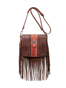 Sac à bandoulière de luxe en cuir PU rétro de Bohème Western pour femmes Sacs à bandoulière étanches à fermeture éclair Aztec Embossed Woven Tassel Handbag - Product Image 5