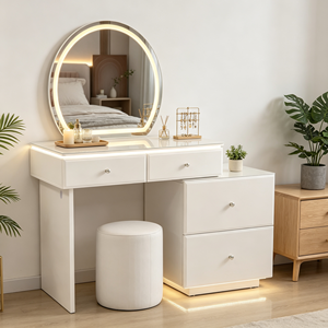 Nouvel Arrivage Ensemble Coiffeuse Blanc Lisse et Brillant avec Miroir LED Rond, Commode à 2 Tiroirs Détachable et Tabouret Cylindrique Solide pour Chambre - Product Image 3
