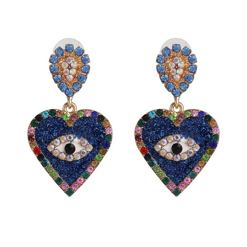 Trendy Blue Pink Diamond Geometric Gemstone Evil Eyes Boho Earrings Women Personality Sparkling Rhinestone Love Heart Earrings
