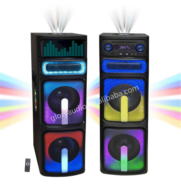New Factory 2.0 System Double 10 Inch Wooden Box Party Disco Flashing Light Tower Subwoofer Speaker Karaoke Battery BT Metal