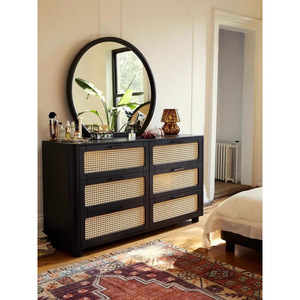 ตู้ลิ้นชักไม้เนื้อแข็งสไตล์ฝรั่งเศส 6 ลิ้นชัก พร้อมตู้เก็บของหวายสีดำ เฟอร์นิเจอร์ห้องนอน - Product Image 1