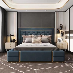 Meubles de chambre à coucher modernes en bois confortables de style chinois, lit king-size ou queen-size avec couleur personnalisée, en cuir véritable, avec tables de chevet - Product Image 2