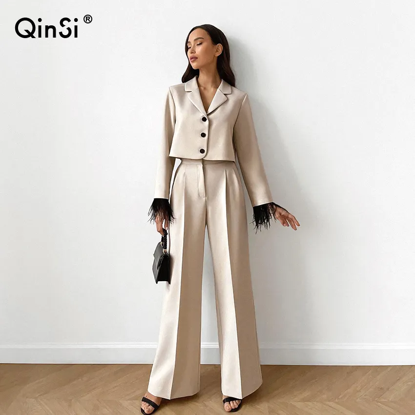 QINSI Feather Elegante Anzug Tops und Hosen Oberbekleidung Mujer Loose Single Breasted Office Lady Pant Anzug Frauen Casual Set