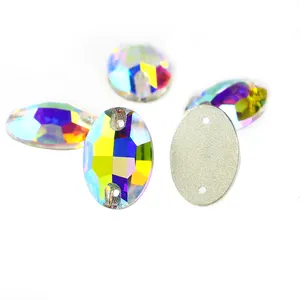 Manufacture Top quality K9 crystal beads AB color oval shape flat back crystal sew on rhinestone for garment making