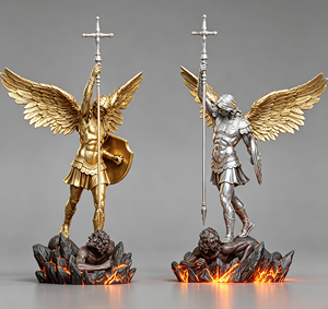 Regalos Empresariales de Alta Gama en Resina, Espada y Escudo de Metal con Base Luminosa de 25 CM (10 Pulgadas), Estatua Católica de San Miguel - Product Image 1