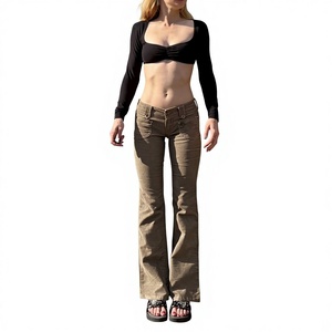 Pantalon en toile pour femme, taille mi-haute, coupe droite, couleur unie, longueur intégrale, style décontracté avec poches, fermeture boutonnée, 100% coton, idéal pour le printemps - Product Image 1