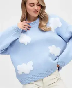 Ladies Big Oversized Knit Embroidered Cloud Sweater Jumpers 2024 Manufacturer Custom Round Neck Sweater For Women