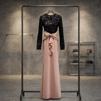 Robe longue sirène en dentelle noire à manches longues avec ceinture à nœud, élégante robe de soirée formelle