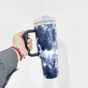 H2.0 40oz Ocean Blue Tie-Dye Vacuum Insulated Stainless Steel Double Wall Outdoor Camping <b>Tumblers</b> with Handle and <b>Straw</b> - Product Image 4