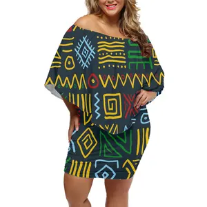 Gaun Malam Wanita, Grosir Pola Tribal Afrika Mini Motif Geometris Ukuran Plus untuk Wanita Gemuk Kasual