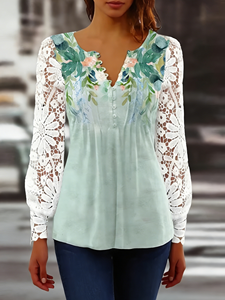 Blusa de Mujer para Primavera, Verano y Otoño, Talla Grande, con Encaje, Mangas Largas, Cuello en V con Muescas, Botones al Frente, Plisada, Estilo Túnica, Informal para Uso Diario - Product Image 3