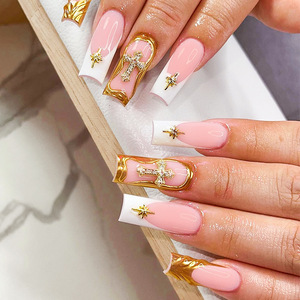 Faux ongles longs à presser dorés style français, <span class=keywords><strong>motif</strong></span> marbre croisé 3D avec diamants, collection <span class=keywords><strong>automne</strong></span>, avec accessoires de nail art - Product Image 1
