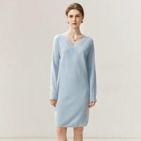 Robe en cachemire pur à 100% à col en V, tricotée, pour femmes, automne et hiver, ample, mi-longue, élégante, robe pull pour le travail
