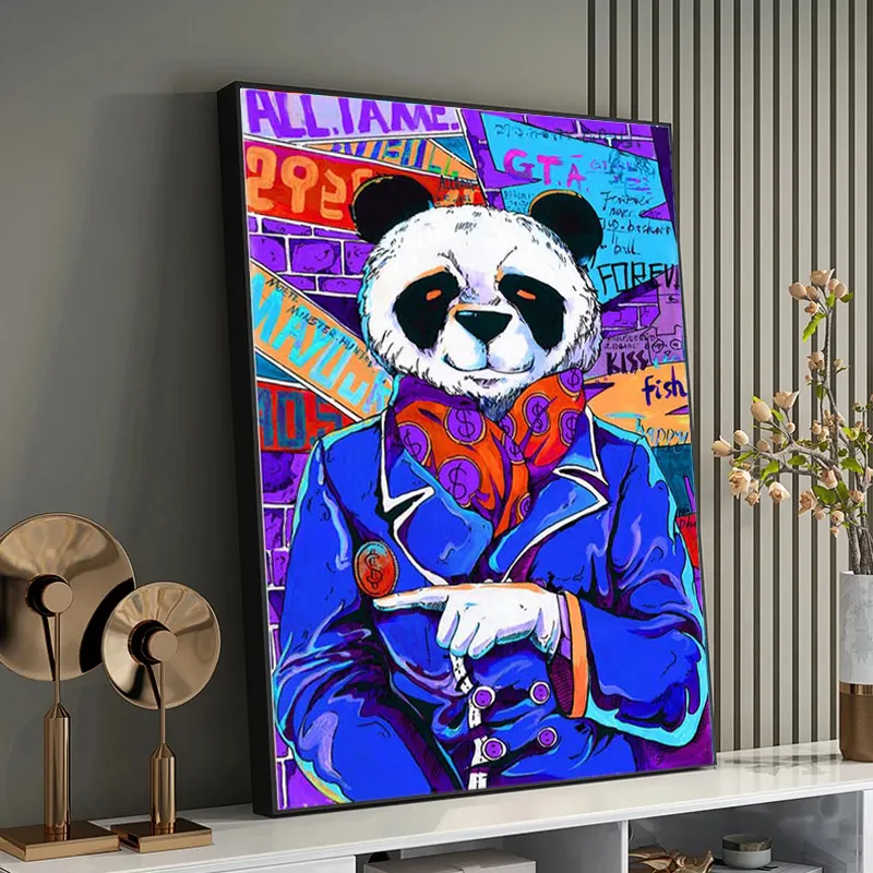 Graffiti Art Poster Yellow Blue Panda Funny Smile Face Picture Print Finger Canvas Painting Street Wall Art Decorative Picture