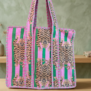 Sac fourre-tout élégant en coton bohème fait main de qualité supérieure avec broderie léopard rayée verte et fermeture éclair – Marque Jhelum Impex - Product Image 3