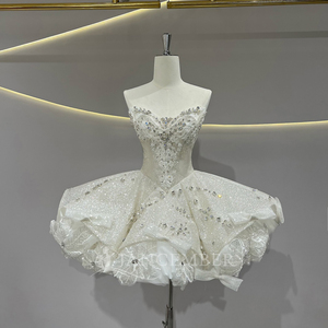 JFH71 Modern Glitter Sweetheart Ball Gown Ivory Wedding <b>Mini</b> Dress with Chapel <b>Train</b> Lace Flowers Sequined & Crystal for Parties - Product Image 3