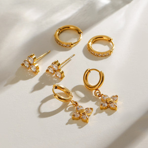 Lot de 3 paires de boucles d'oreilles étoile en zircon en acier inoxydable, plaqué or, bijoux de fête, clous d'oreilles pendantes tendance pour femmes - Product Image 4