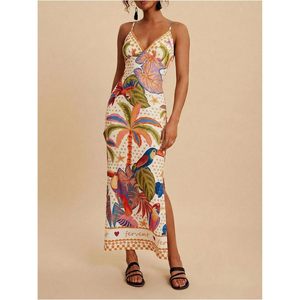 Robe midi sans manches à col en V avec imprimé tropical pour femme, robe de plage à fente pour les vacances - Product Image 3