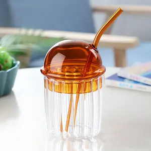 New design 15oz colored bubble tea glass cup boba mick juice children drinking coffee glass cup with glass lid and straw