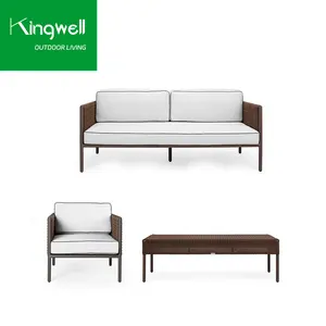 2024 Populaire Hotelmeubilair Lounge Sofa-Set Terras Buiten Chaise Rotan Rieten Metalen Frame Tuinbanken Met Salontafel