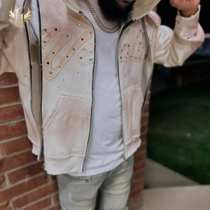 Premium Herren Winter Crop-Hoodie Dreifach-Reißverschluss 100% Baumwolle Gewaschen Sonnengebleicht Gefüttert Strass-Bestickt Distressed-Stil - Product Image 2