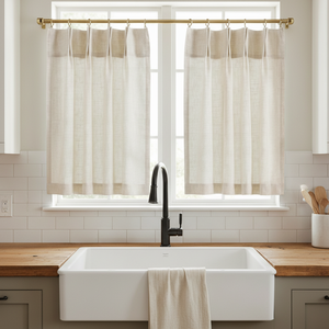 DR Wholesale Rideaux de café modernes à plis froncés aspect lin, voilages courts pour petites fenêtres, pour cuisine et salle de bain - Product Image 1