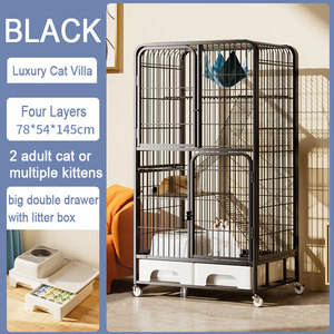 กรงแมวขนาดใหญ่ บ้านแมวเหล็กทรงสี่เหลี่ยมพร้อมกระบะทรายและล้อเลื่อน - Product Image 2