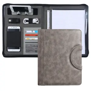 Gery Ostrich Grain A4 Zip Conference Portfolio Leather Document File Folder With Handle