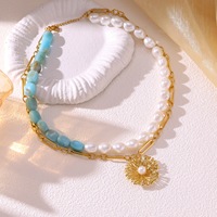 Collier superposé en perles baroques et pierres précieuses de jade bleu, pendentif floral vintage doré, bijoux de mode