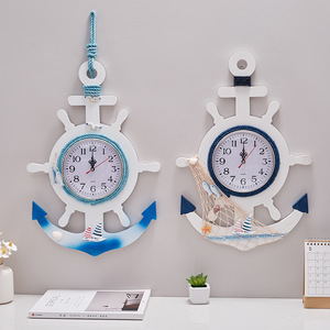 Mediterranean Style Ship Wheel <b>Wall</b> <b>Clock</b> Blue White Analog <b>Silent</b> Battery Powered Living Room Bedroom Decor Two Piece - Product Image 1