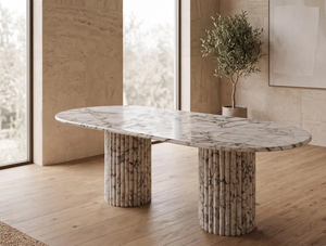 Mesa de Comedor Moderna de Lujo YUSHI de Mármol Calacatta Viola con Bases Dobles Acanaladas, Mesa Ovalada de Piedra Bvlgari para Decoración de Villas - Product Image 1