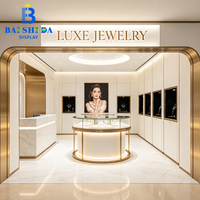 Meubles de magasin de bijoux de luxe, bureau d'accueil robuste et écologique, vitrine de présentation de bijoux en verre avec éclairage LED mural, sur mesure