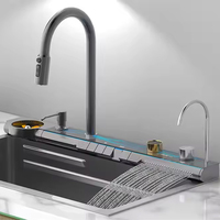 Robinet de cuisine multifonctionnel intelligent en cascade, LED numérique nano fait main, 3 compartiments, épaissi, en acier inoxydable 304