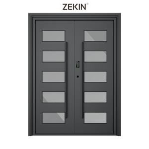 Puerta ZEKIN, Puerta de Acero Metálica Blindada Exterior con Diseño de Grano de Madera Minimalista de Lujo Personalizada, Manija Grande para Villas, Antirrobo - Product Image 5