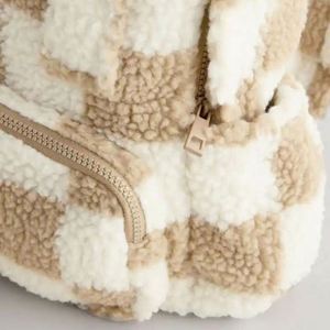 Customized Lambwool Fur <b>Backpack</b> <b>Kids</b> Neutral Check <b>Backpack</b> <b>Kids</b> Plush <b>Backpacks</b> - Product Image 3