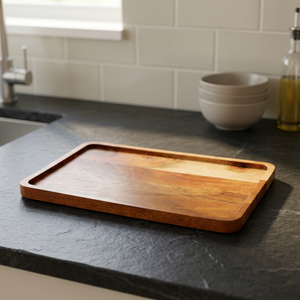 Plateau de service en bois artisanal avec bord surélevé, grand plateau rectangulaire pour servir les aliments, bois brun rustique, petit-déjeuner, collation, dîner - Product Image 2