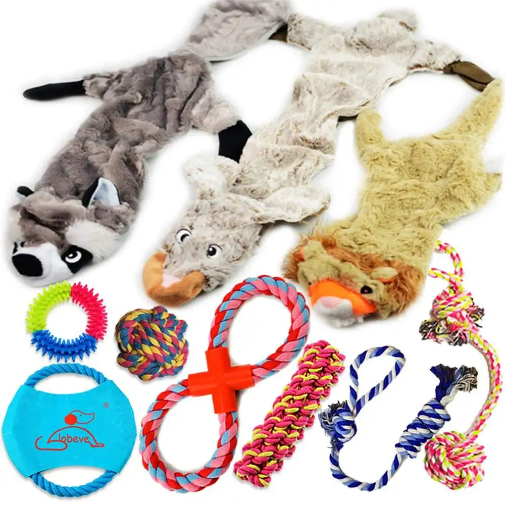 Dog Toys Gift Set、Variety No Stuffing Squeaky Plush Dog ToyとCotton Rope Puppy Toy Bundle