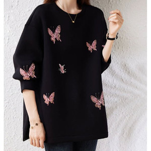 OEM <span class=keywords><strong>farfalle</strong></span> con paillettes e perline ricamate felpe da donna Logo personalizzato Pullover Raglan Casual di alta qualità per le signore - Product Image 5