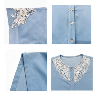 Light Blue Solid Woven Breathable Loose Fit Lace Collar <b>Button</b> Front <b>Women</b> Blouse Short Sleeve Casual <b>Shirt</b> Elegant Daily Wear - Product Image 4
