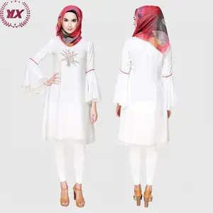 2023 Summer New Arabic Long Sleeve Tops Elegant Women Modern Fashion Muslim Clothing White Floral Embrioded Tunic