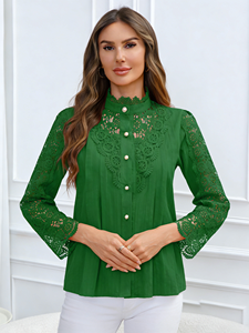 Blusa Casual de Manga Larga con Cuello Redondo y Encaje Verde para Mujer - Camisa Elegante de Chifón Lavable - Product Image 4