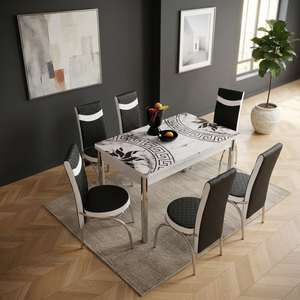 Juego de mesa de comedor extensible moderno con 6 sillas, tapa de vidrio, diseño de respaldo sólido, muebles para comedor en casa - Product Image 1